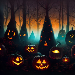 halloween forest background with pumpkins