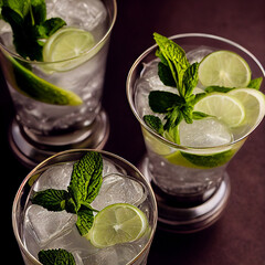 Mojito cocktail. Glossy photograph. Studio lighting. Mint leaves, white rum, lime juice, lime syrup.