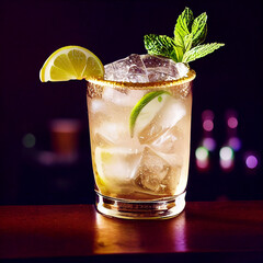 Moscow mule cocktail. Glossy photograph. Studio lighting. Vodka, ginger beer, lime juice.