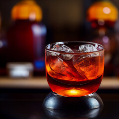 Negroni cocktail.  Studio lighting. Bar Backdrop. Gin, Campari, sweet vermouth.
