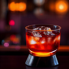 Negroni cocktail.  Studio lighting. Bar Backdrop. Gin, Campari, sweet vermouth.