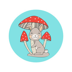 Bunny and mushrooms. Funny ilyustration.