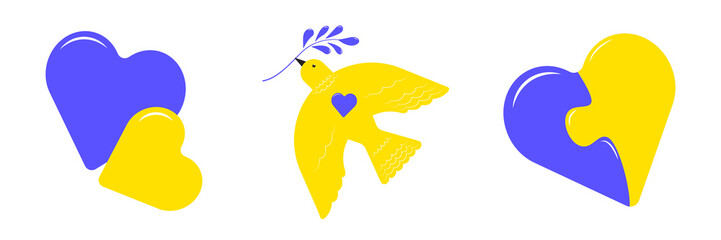 Blue yellow hearts, Ukraine flag colors, sweet home phrase lettering in bubble shape.