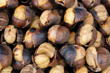 Top view natural open roasted cooked and ready-to-eat chestnuts. 