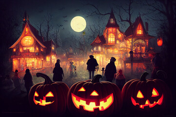 Fototapeta na wymiar halloween amusement park background with pumpkins