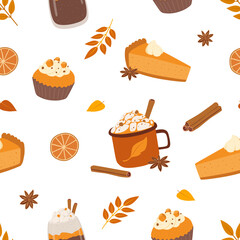 Latte, cappuccino, cupcake and pumpkin pie seamless pattern.  Autumn hot drink and bakery flat vector illustration. Wrapping paper, fabric design