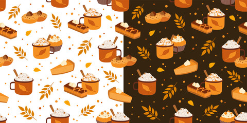 Latte, cappuccino and pumpkin pie flat seamless pattern. Autumn drink and cupcake vector illustration. Wrapping paper, fabric design