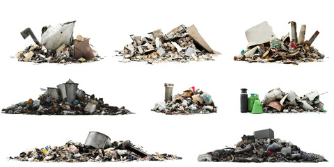 pile of trash, collection of garbage heap, isolated on white background - obrazy, fototapety, plakaty