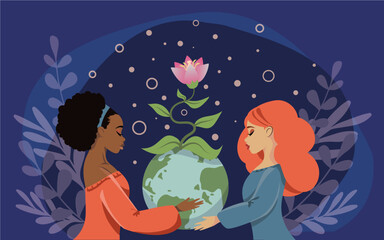 Girls holding a flower Earth in their hands