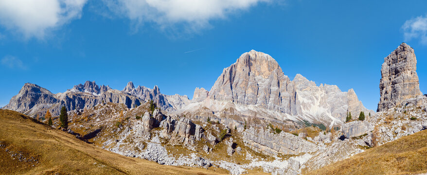 Autumn Dolomites mountain scene, Sudtirol, Italy. Cinque Torri (Five towers) rock formation.