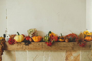 Autumn decor on fireplace in rustic room. Stylish pumpkins, flowers, berries, nuts, candle on...