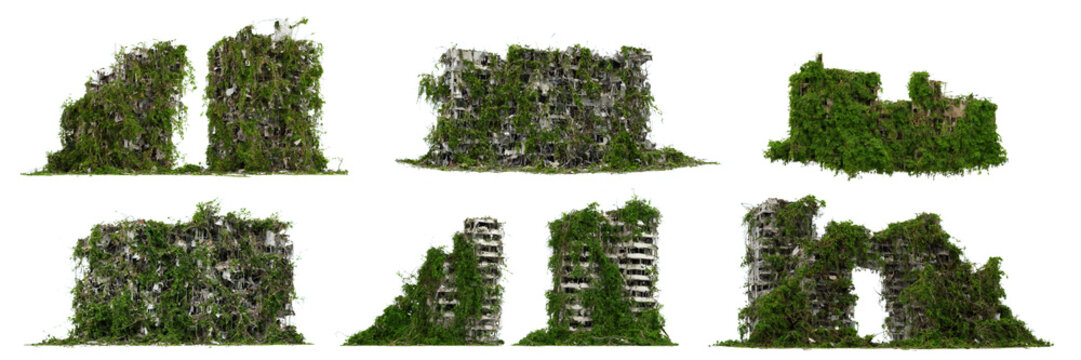 lush overgrown buildings, collection of post-apocalyptic cityscapes isolated on white background