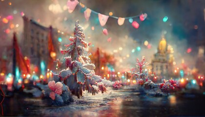 New Year holiday background. Christmas decorations, winter festive landscape of the city in snow and garlands and lights. Beautiful postcard background. 3d rendering. Raster illustration.