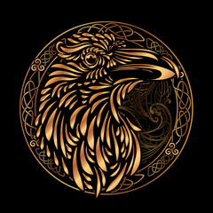 Fototapeta premium Odin's Celtic Raven. Scandinavian tattoo. Runic symbols in the Old Norse language mean Raven. Trixel, Celtic cross, Gungir and knots. Vector illustration of Scandinavian myths.
