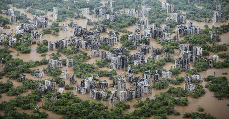 flooded and overgrown post-apocalyptic city, aerial view