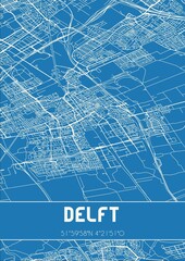 Blueprint of the map of Delft located in Zuid-Holland the Netherlands.