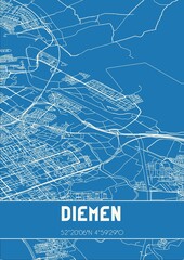 Blueprint of the map of Diemen located in Noord-Holland the Netherlands.