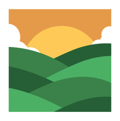 Saudi Arabia National Day. Green hills and rising sun. Abstract poster or banner for website in minimalist style. Fantasy and dream. Culture, traditions and religion. Cartoon flat vector illustration