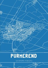 Blueprint of the map of Purmerend located in Noord-Holland the Netherlands.
