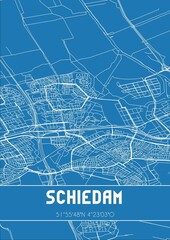 Blueprint of the map of Schiedam located in Zuid-Holland the Netherlands.