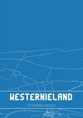 Blueprint of the map of Westernieland located in Groningen the Netherlands.