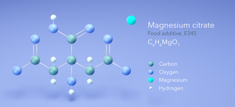 magnesium citrate, molecular structures, Food additive, E345, 3d model, Structural Chemical Formula and Atoms with Color Coding