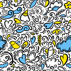 Fototapeta na wymiar Drawing seamless pattern with abstract symbols Ukraine. Vector wallpaper on white backgraund. Ukrainian national colors