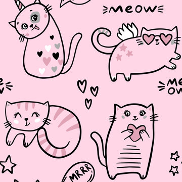 ПечатьSeamless pattern with cute cats, hearts and words. Cool texture background. Wallpaper for little girls. Fashion style