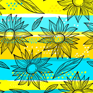 Seamless pattern with sunflowers print. Creative texture for fabric, wrapping, textile, wallpaper, apparel. Vector modern illustration background. Ukrainian colors