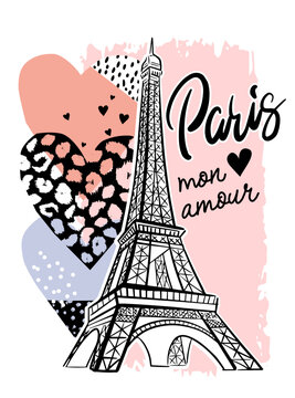 Paris print T-shirts and card. Hand lettering. Design for girls. Fashion illustration drawing in modern style. Girlish print with Eiffel Tower