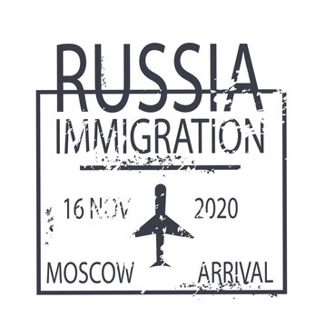 Square black seal. Passport stamp for traveling to Russia with airplane icon. Tourism, vacation and recreation, visa and legislation. International interaction. Cartoon flat vector illustration