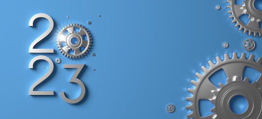 Creative 2023 New Year design template with cogwheels. 3D render illustration on a construction, engineering and maintenance theme.