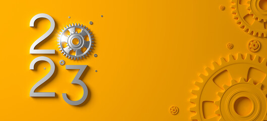 Creative 2023 New Year design template with cogwheels. 3D render illustration on a construction, engineering and maintenance theme.