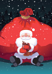 Cute Santa Claus sitting above red bag with presents in Christmas night forest snow falls