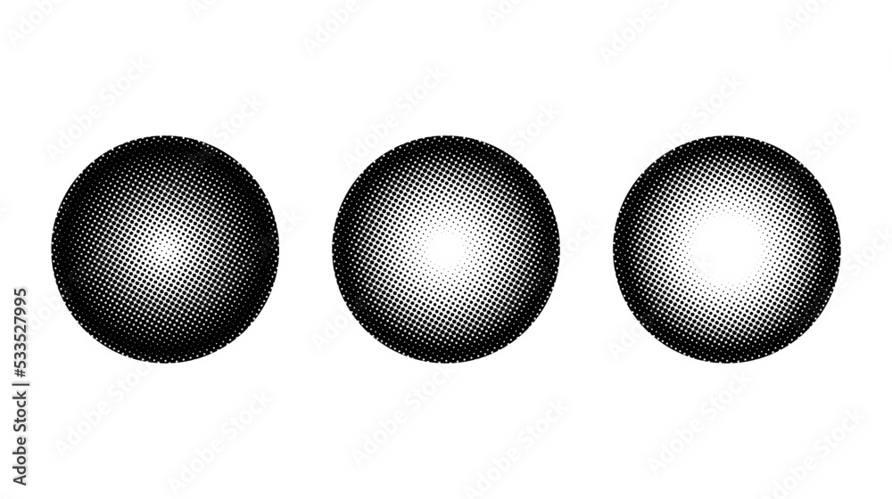 Poster halftone spheres set. semitone dotted globes. comic texture circles. round gradient collection. radi