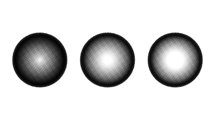 Halftone spheres set. Semitone dotted globes. Comic texture circles. Round gradient collection. Radial design elements. Pointed faded shapes. Abstract monochrome background.