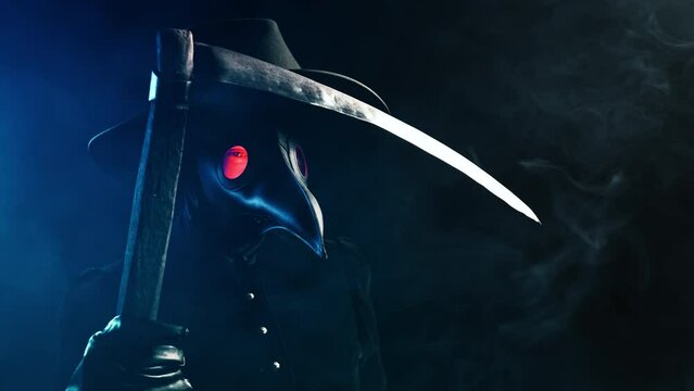 Plague doctor with sharp scythe isolated on black smoke background. Creepy raven mask, halloween, historical terrible protection costume, mystical fantasy. Epidemic, death concept