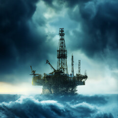 Obraz premium Digital illustration of oil rig platform in stormy open ocean waters with huge waves crashing in digital art. Steam punk style platform. Concept Art poster design. Fossil fuel energy concept art.