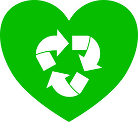 Recycling symbol in a green heart.