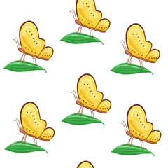 Vector seamless pattern with butterfly on green leaf in cartoon style