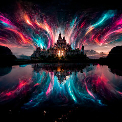 Fototapeta na wymiar Castle on multicolor magical landscape