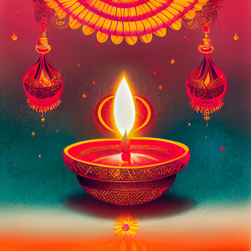 Happy diwali concept, Diwali celebration with diya oil lamp and mandalas
