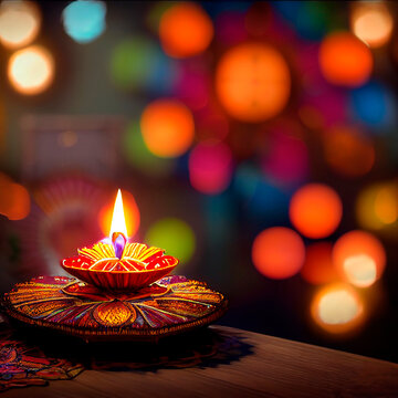 Happy diwali concept, Diwali celebration with diya oil lamp burning and colorful blured lights in the background