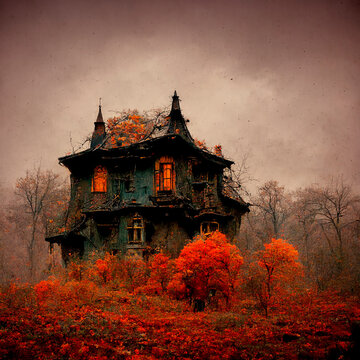 Haunted house in autumn. AI generated