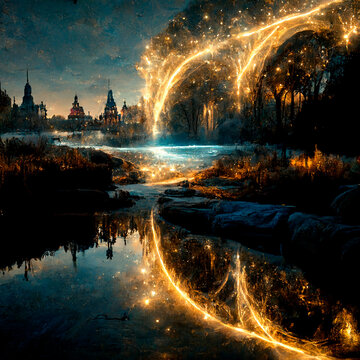 Magical fantasy landscape at night