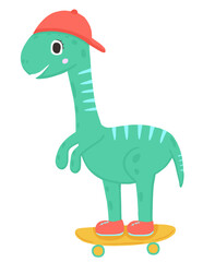 Funny dinosaur in cap driving on skateboard in cartoon style