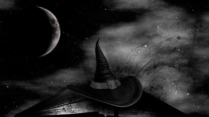 Black witch hat and crescent in the night sky. Half moon and stars and an open book.