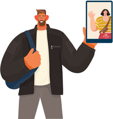 Video call concept. Communication via smartphone. Video conversation with loved one. Smiling man with phone talking to woman. Online chatting, mobile connection via internet. Finger touch screen