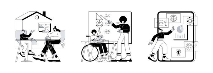 Private schooling curriculum abstract concept vector illustration set. Homeschooling, inclusive education, learning management system, online tutor, individual plan, mobile device abstract metaphor.