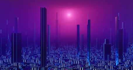 This image is an original NON-AI digital rendering! 3D illustration: Blue future city night skyline with dark red dwarf star sky.
